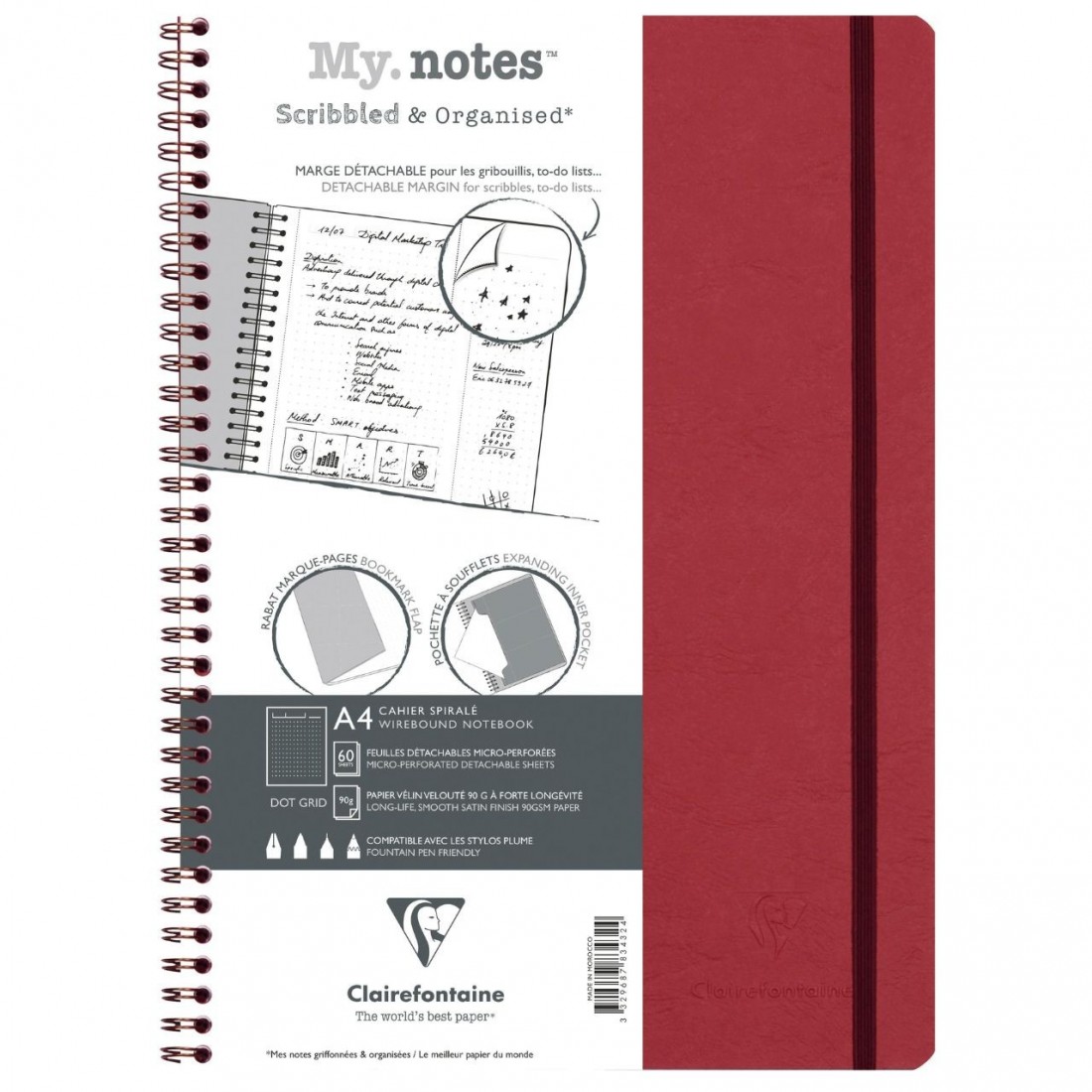 Clairefontaine Rhodia 78343C Collection Age Bag A My.Notes Red Spiral Notebook with Tear-Off Margins - A4 21 x 29.7 cm - 120 Dotted Tear-Off Pages - 90g White Paper - Leather Grain Gloss Card Cover