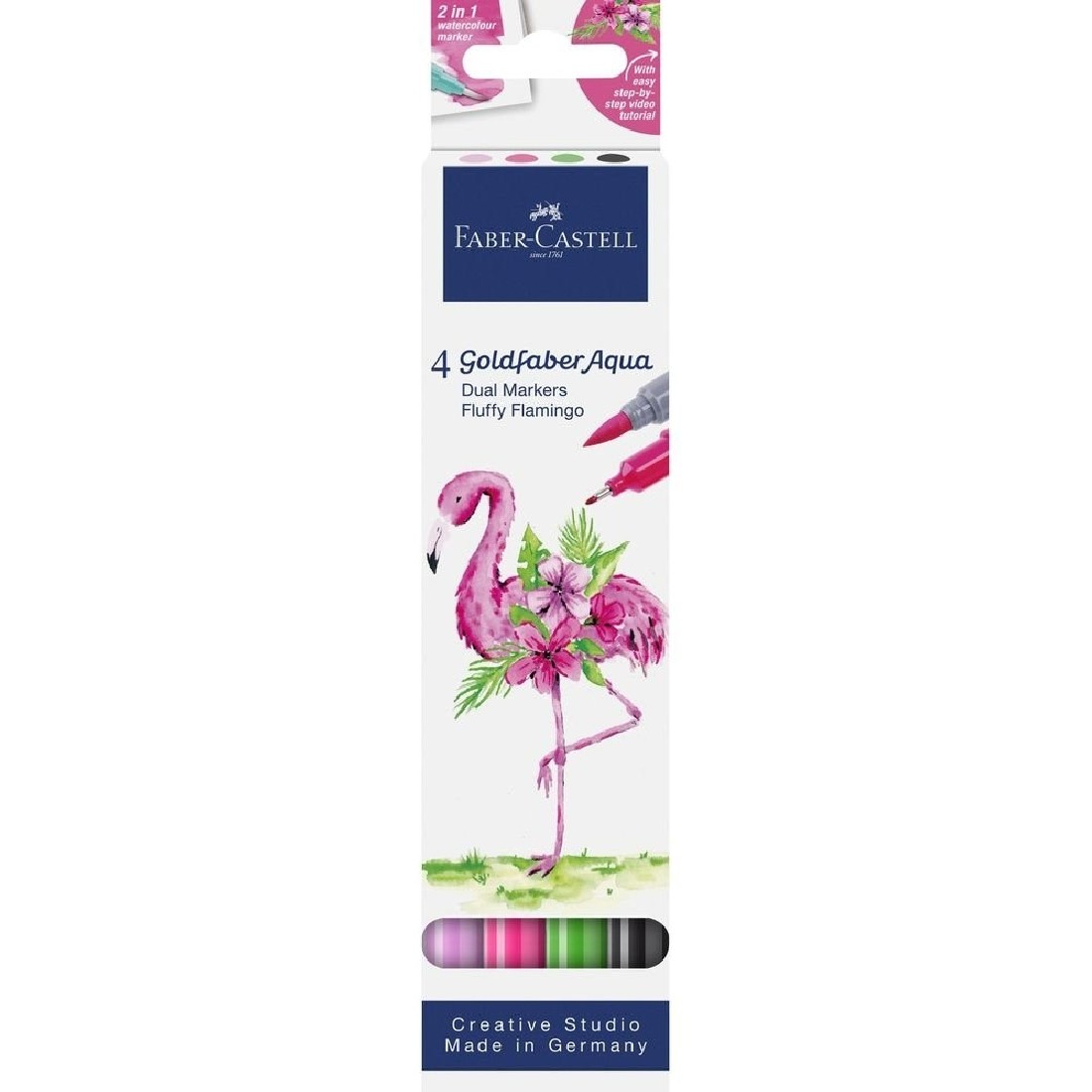 Faber-Castell Creative Studio Goldfaber Castell Aqua Dual Fluffy Flamingo Marker Pens for Art, Craft, Drawing, Sketching, Home, School, College, Coloring (Pack of 4)l  164507
