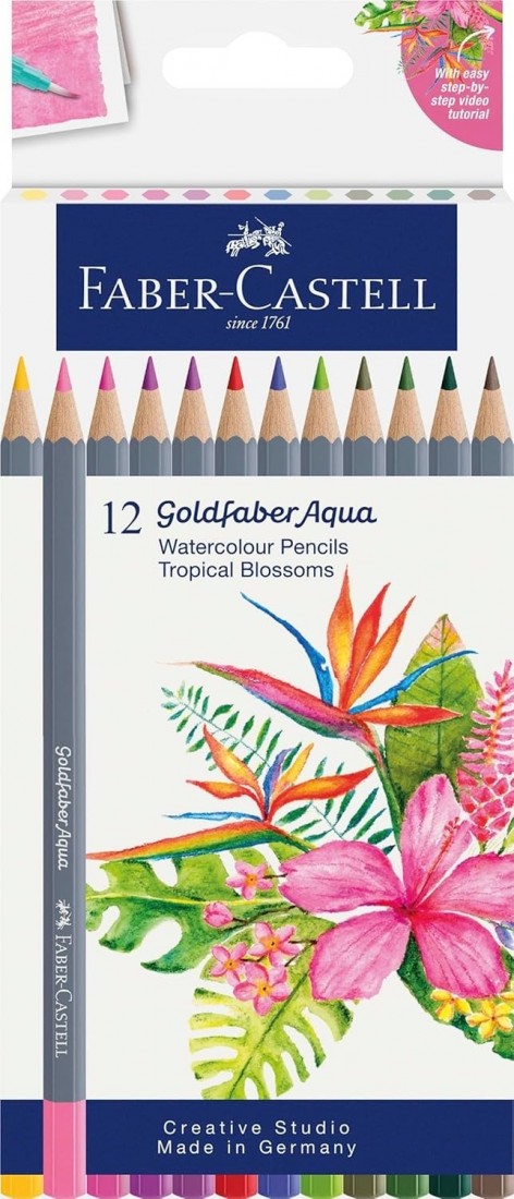 Faber Castell 114610  Coffret de crayons aquarellables Goldfaber Aqua, 12 crayons de couleur aquarellables, coffret Tropical Blossoms