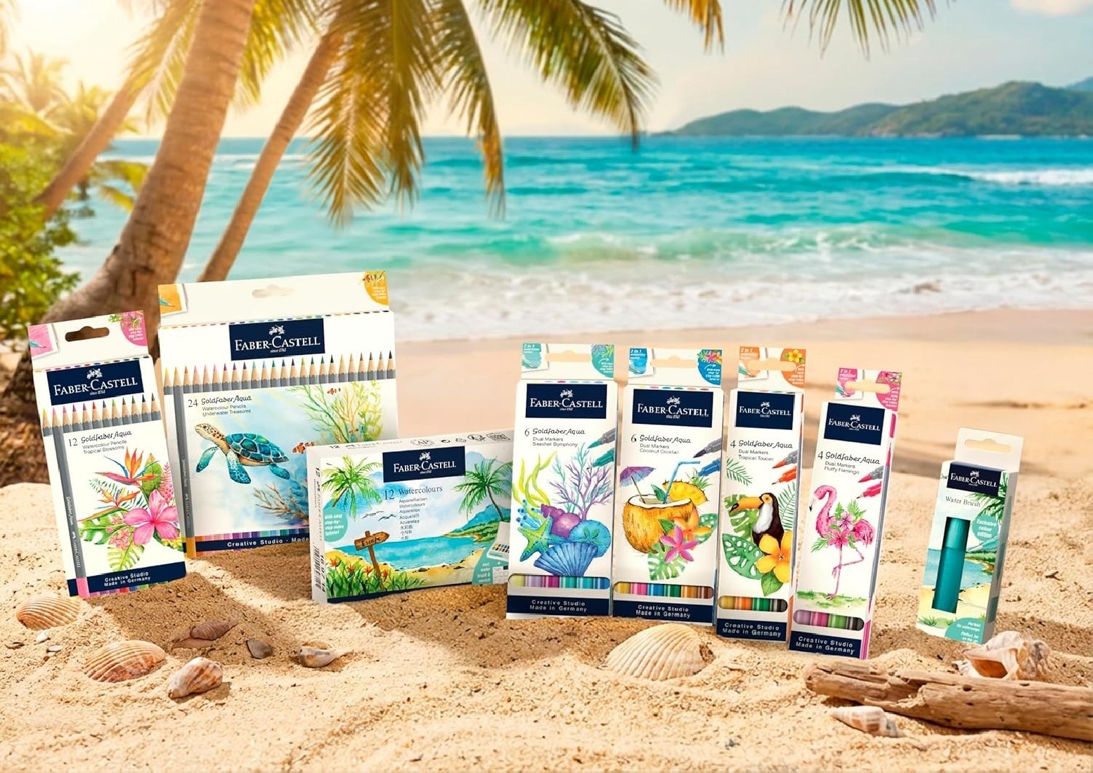 Faber Castell 114610  Coffret de crayons aquarellables Goldfaber Aqua, 12 crayons de couleur aquarellables, coffret Tropical Blossoms