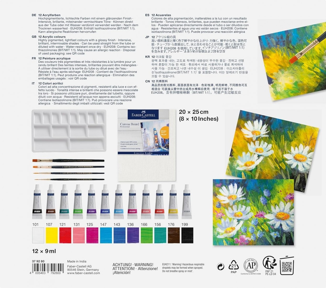 Faber Castell Acrylic Paint Set 18 Pieces with 12 Acrylic Paints, Canvas 20 x 25 cm, Mixing Palette and 4 Brushes 379280