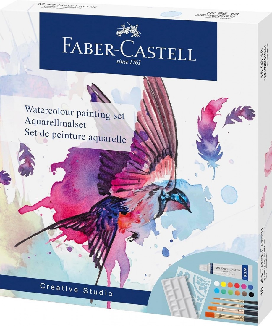 Faber Castell Watercolour Paint Set 18 Pieces with 12 Paint Tubes, 4 Watercolour Brushes, Mixing Palette and Stencil 169618