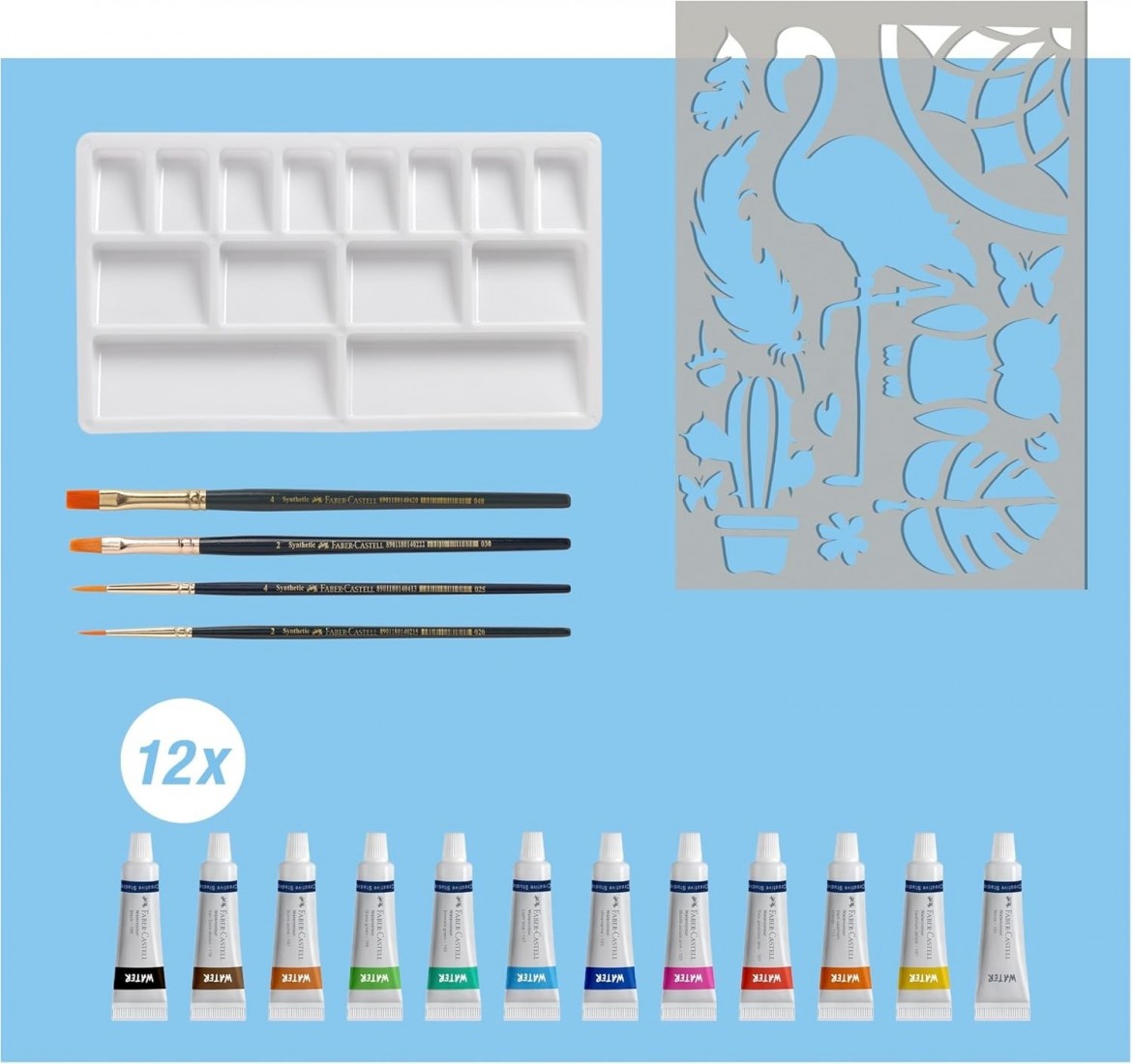 Faber Castell Watercolour Paint Set 18 Pieces with 12 Paint Tubes, 4 Watercolour Brushes, Mixing Palette and Stencil 169618