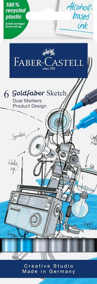 Faber Castell Goldfaber Sketch Markers Product Design Pack of 6 Alcohol Markers with Brush Tip and Fineliner Tip 164806