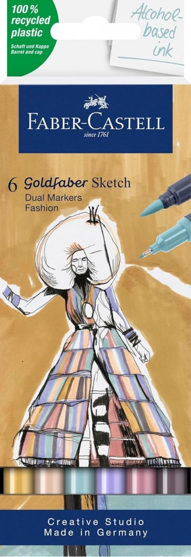 Faber Castell Goldfaber Sketch Fashion Marker Pens with Brush Tip and Fineliner Tip (Pack of 6) 164808