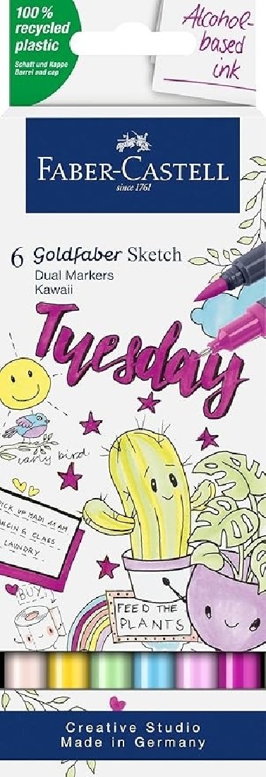 Faber Castell Goldfaber Sketch Kawaii Marker Pens Pack of 6 Alcohol Markers with Brush Tip and Fineliner Tip 164811