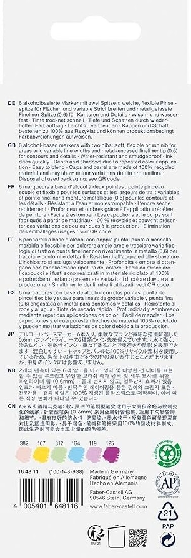 Faber Castell Goldfaber Sketch Kawaii Marker Pens Pack of 6 Alcohol Markers with Brush Tip and Fineliner Tip 164811