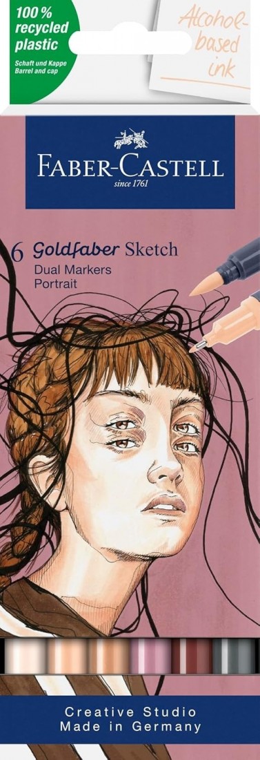 Faber Castell Goldfaber Sketch Marker Portrait Pack of 6 Alcohol Markers with Brush Tip and Fineliner Tip 164812