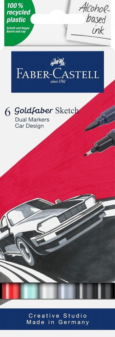 Faber Castell Goldfaber Sketch Car Design Marker with Brush Tip and Fineliner Tip (Pack of 6) 164813