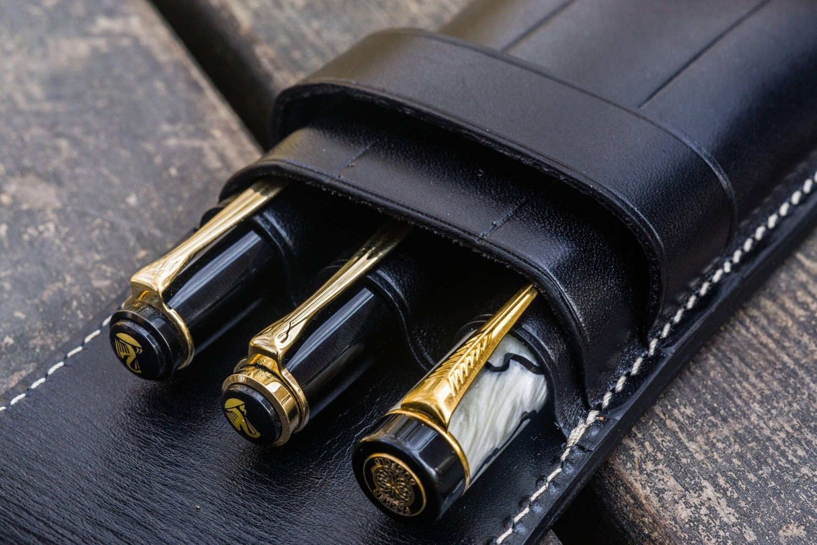 Galen Leather Flap Pen Case for Three Pens - Black