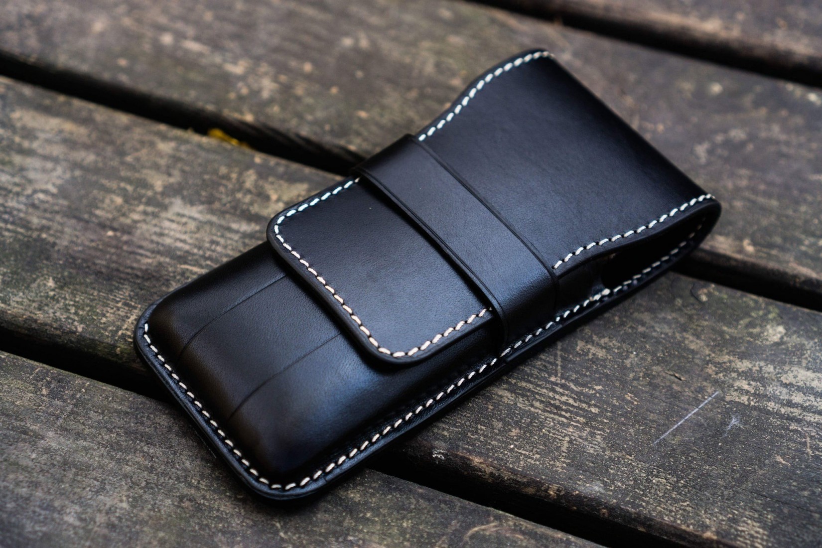 Galen Leather Flap Pen Case for Three Pens - Black