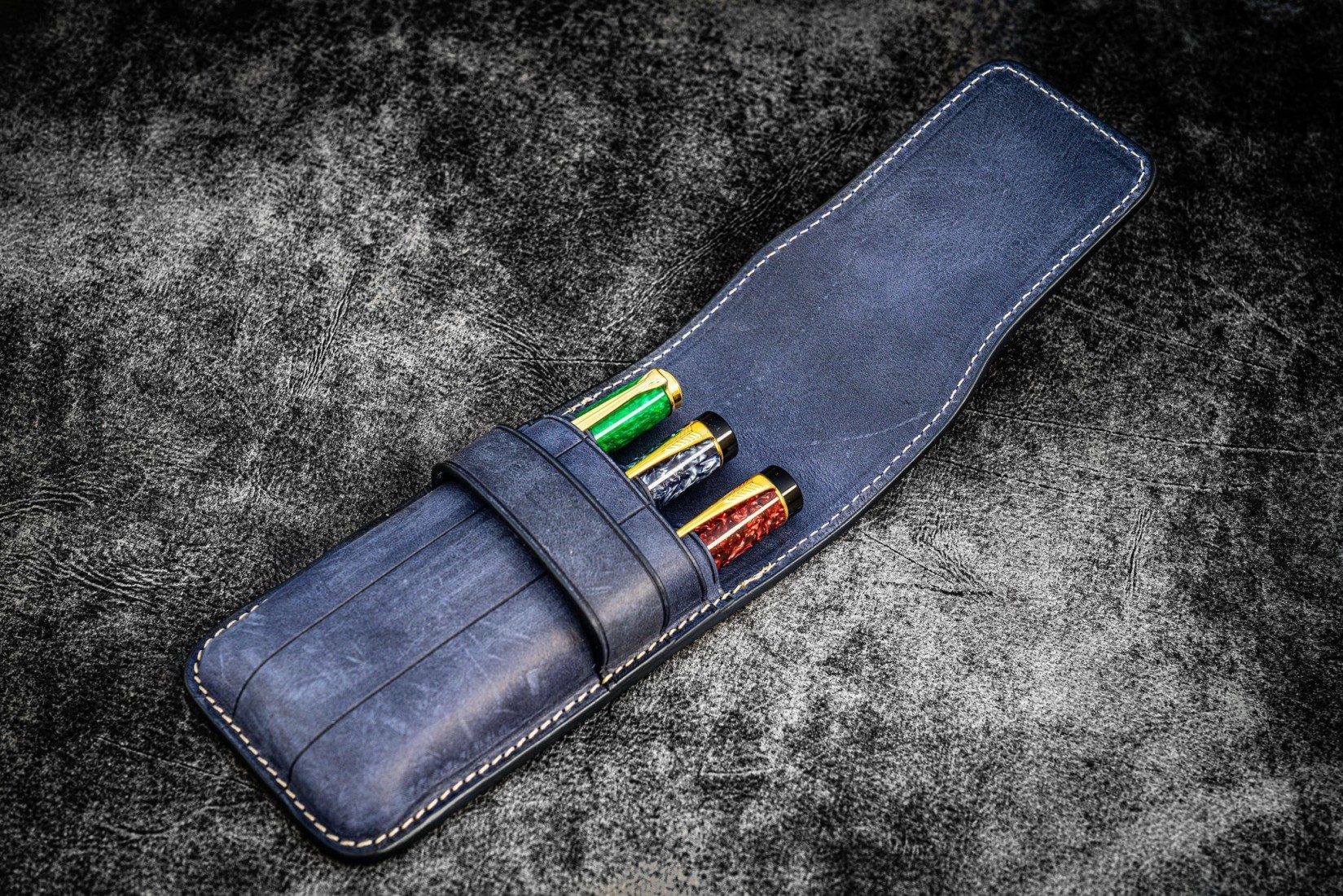 Galen Leather Flap Pen Case for Three Pens - Crazy Horse Navy Blue