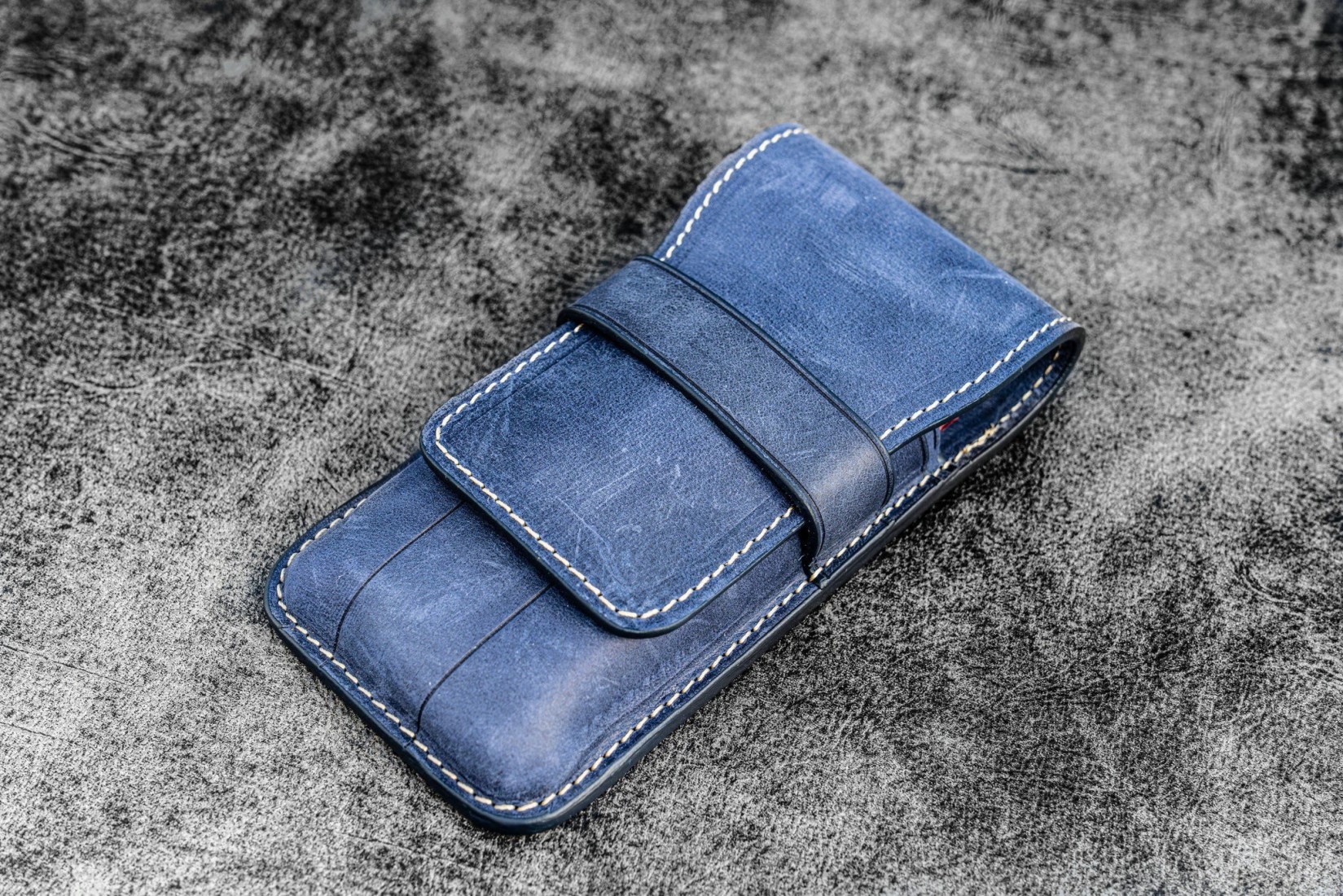 Galen Leather Flap Pen Case for Three Pens - Crazy Horse Navy Blue