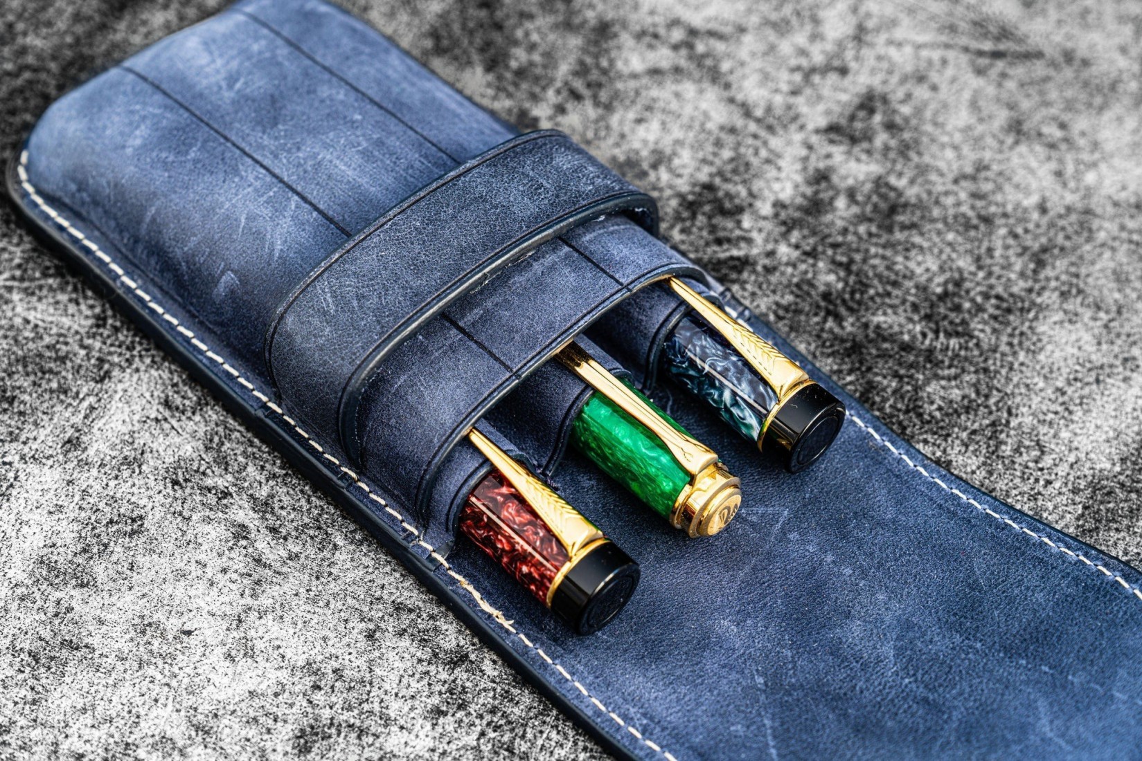 Galen Leather Flap Pen Case for Three Pens - Crazy Horse Navy Blue