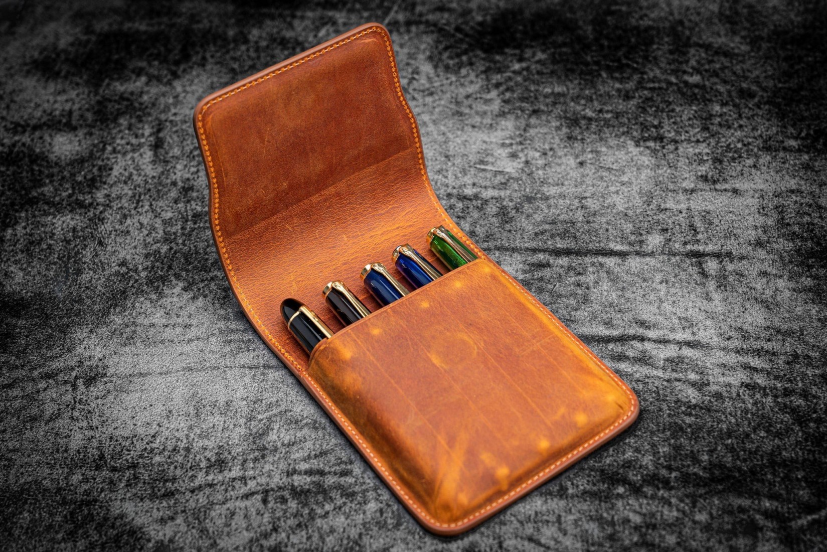 Galen Leather Flap Pen Case for Five Pens - Crazy Horse Brown