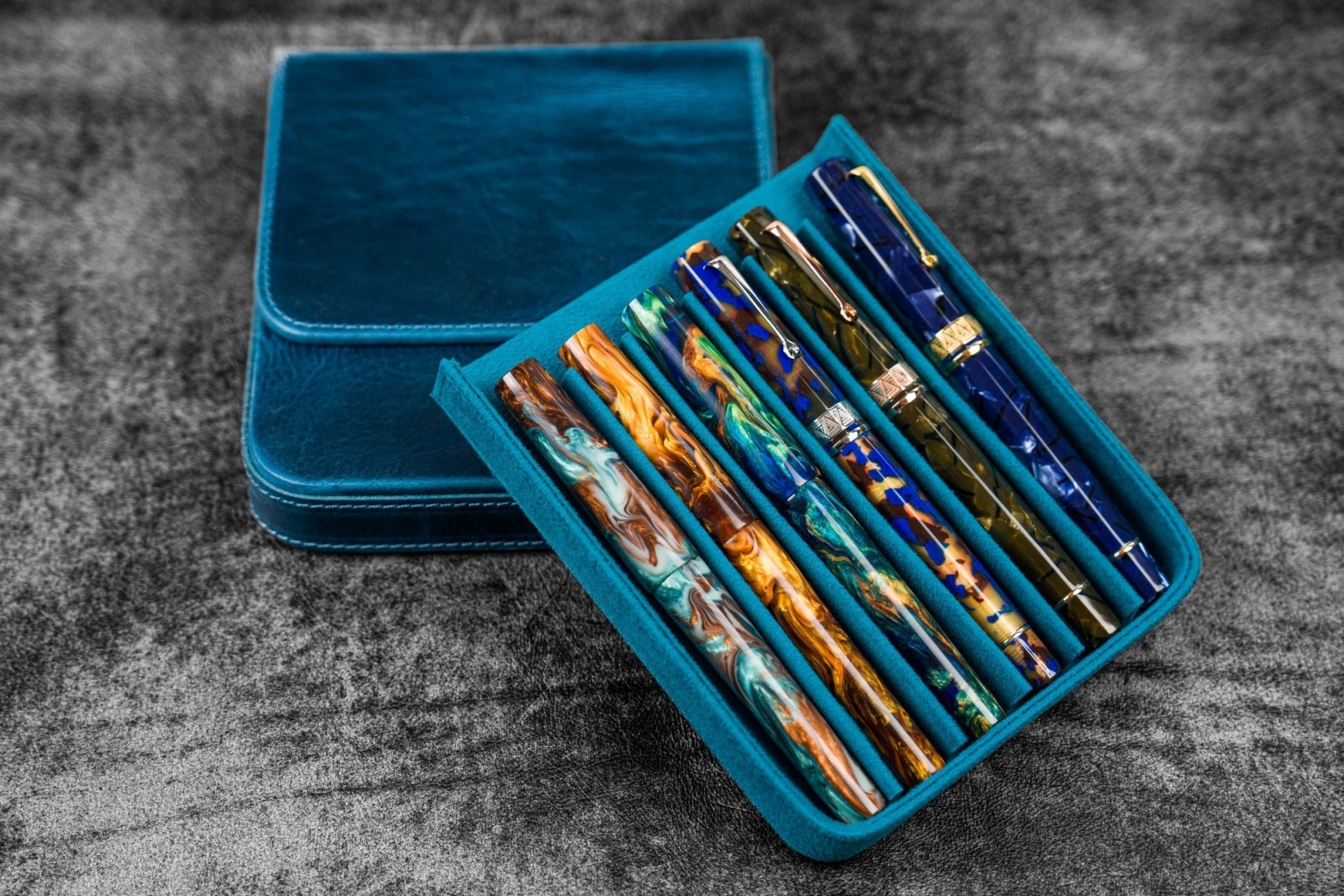 Galen Leather Magnum Opus 6 Slots Hard Pen Case with Removable Pen Tray - Ocean Blue