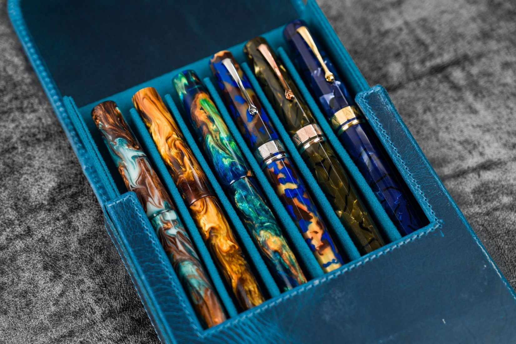 Galen Leather Magnum Opus 6 Slots Hard Pen Case with Removable Pen Tray - Ocean Blue