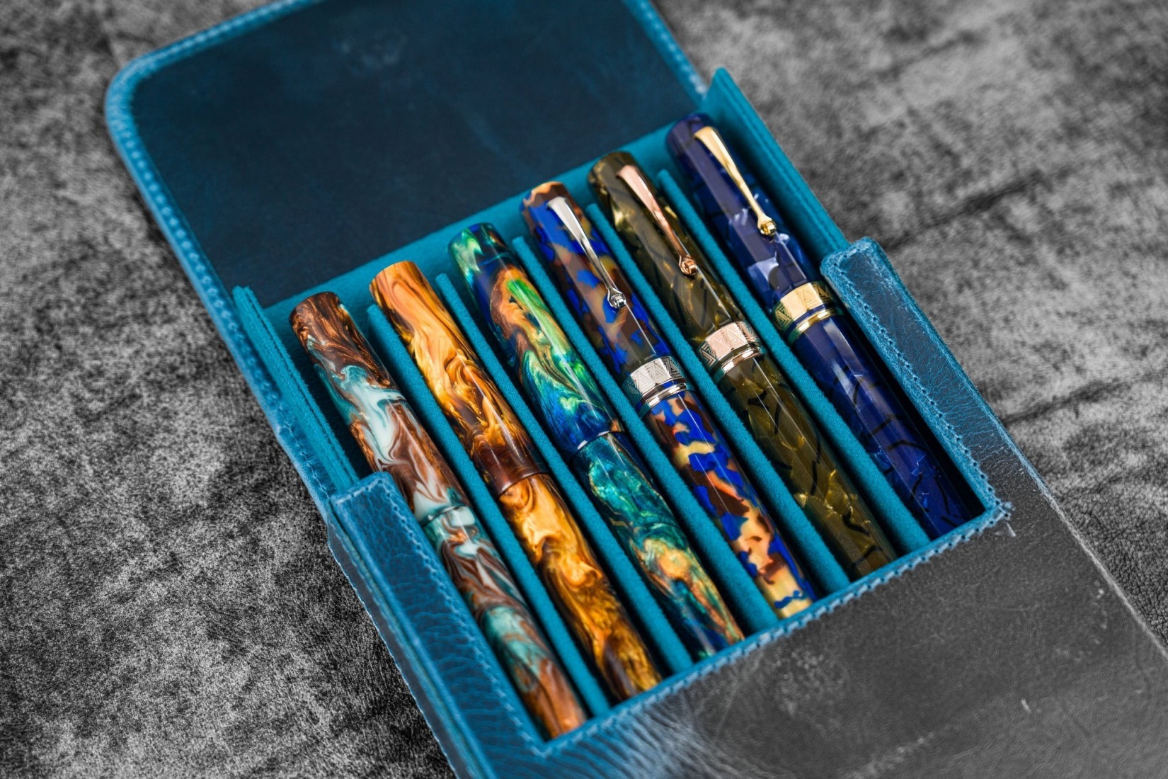 Galen Leather Magnum Opus 6 Slots Hard Pen Case with Removable Pen Tray - Ocean Blue