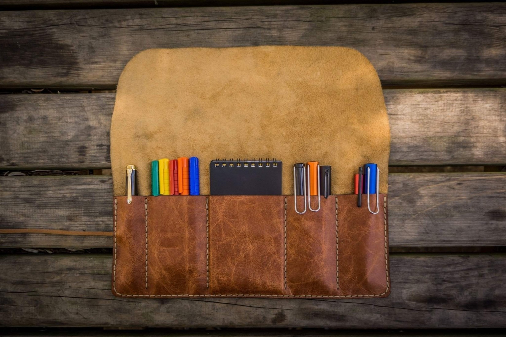 Galen Leather Pen Roll - Rustic Brown