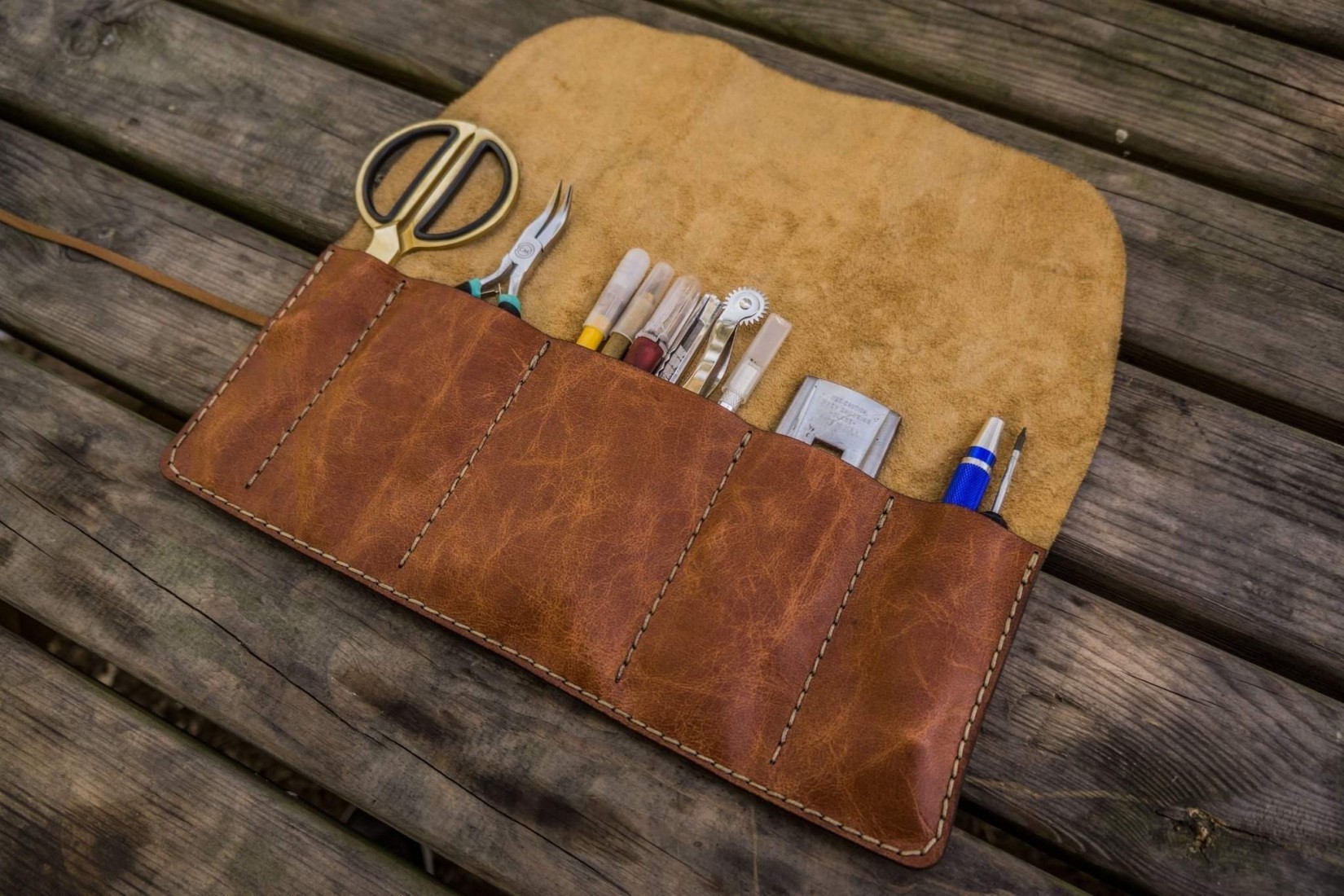 Galen Leather Pen Roll - Rustic Brown