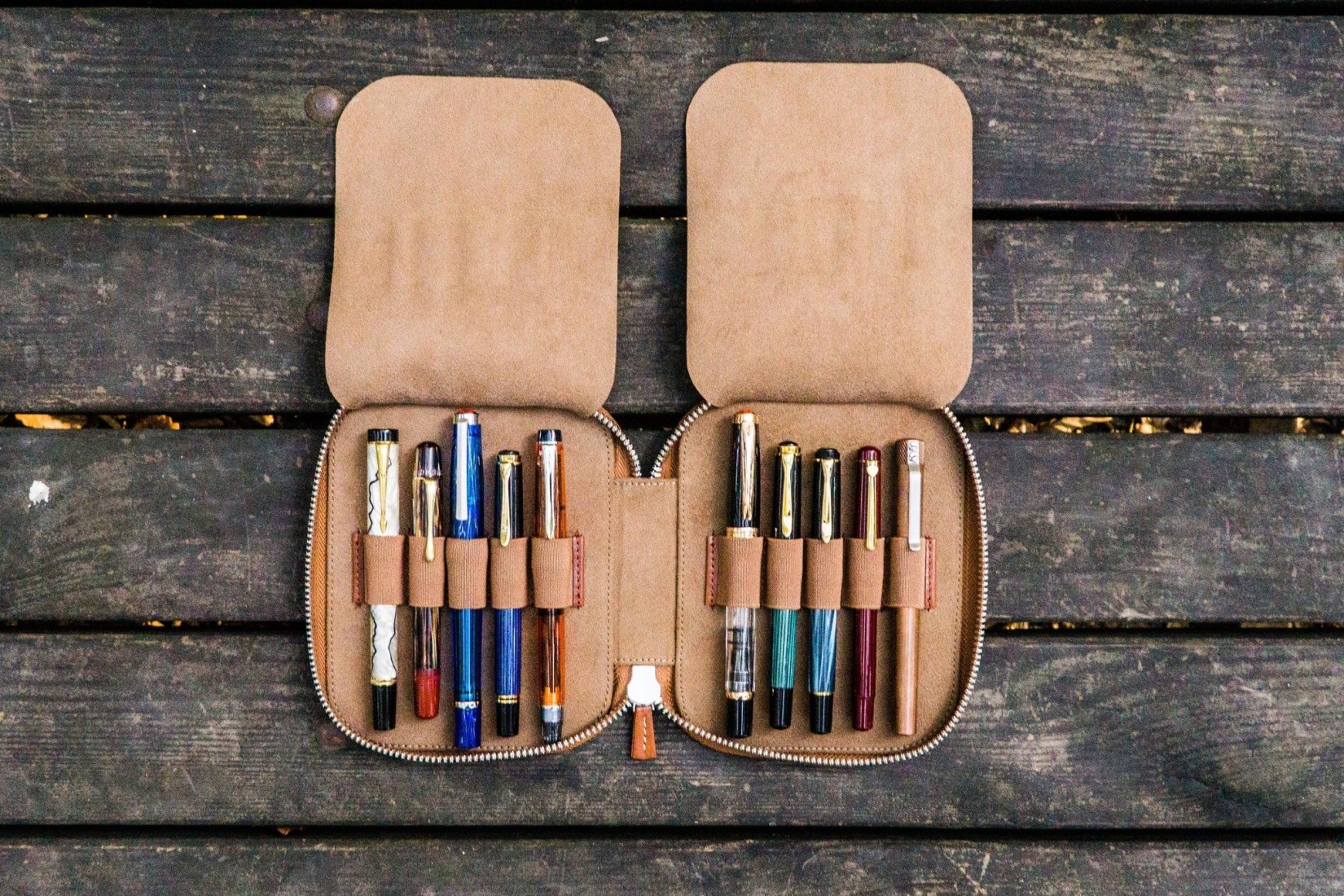 Galen Leather Zippered 10 Slots Pen Case - Brown