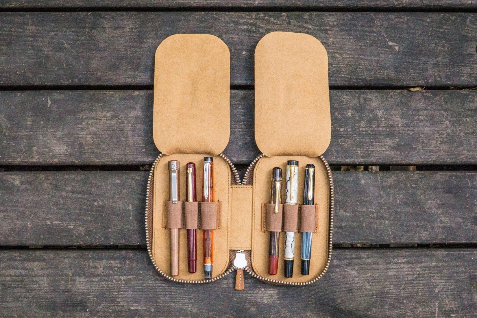 Galen Leather Zippered 6 Slots Pen Case - Crazy Horse Brown