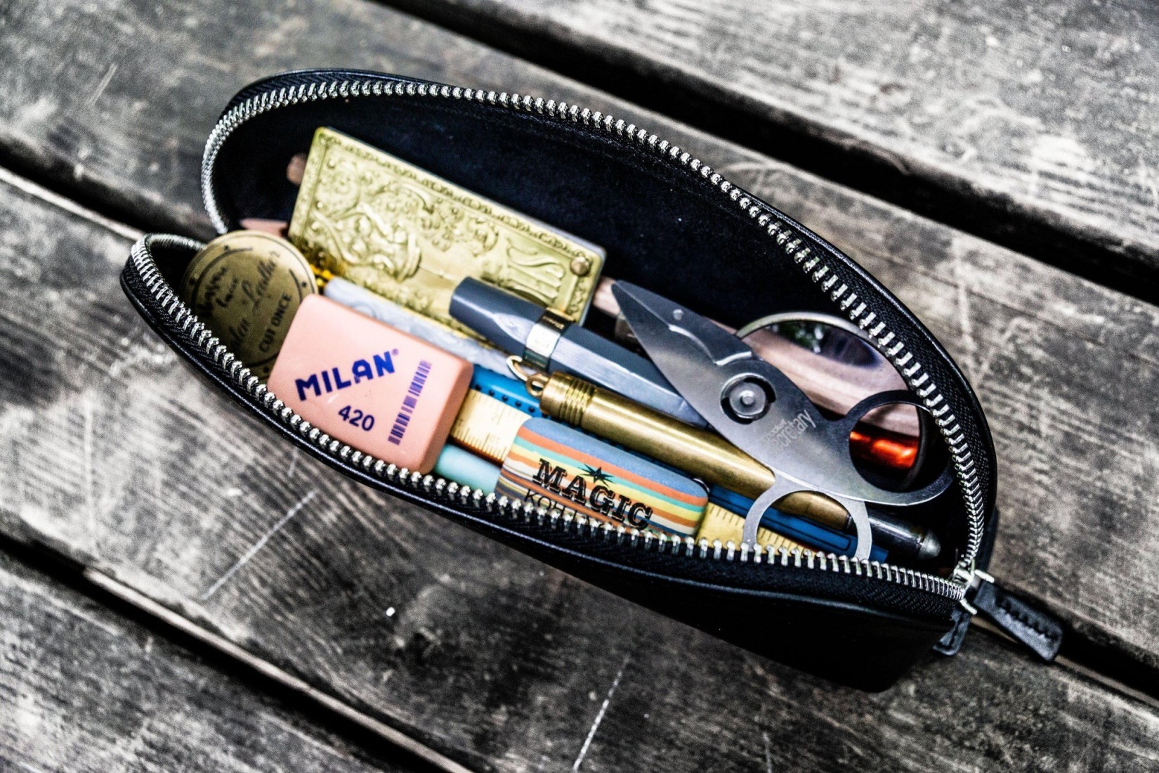 Galen XLarge Zipper Leather Pencil Case - Black