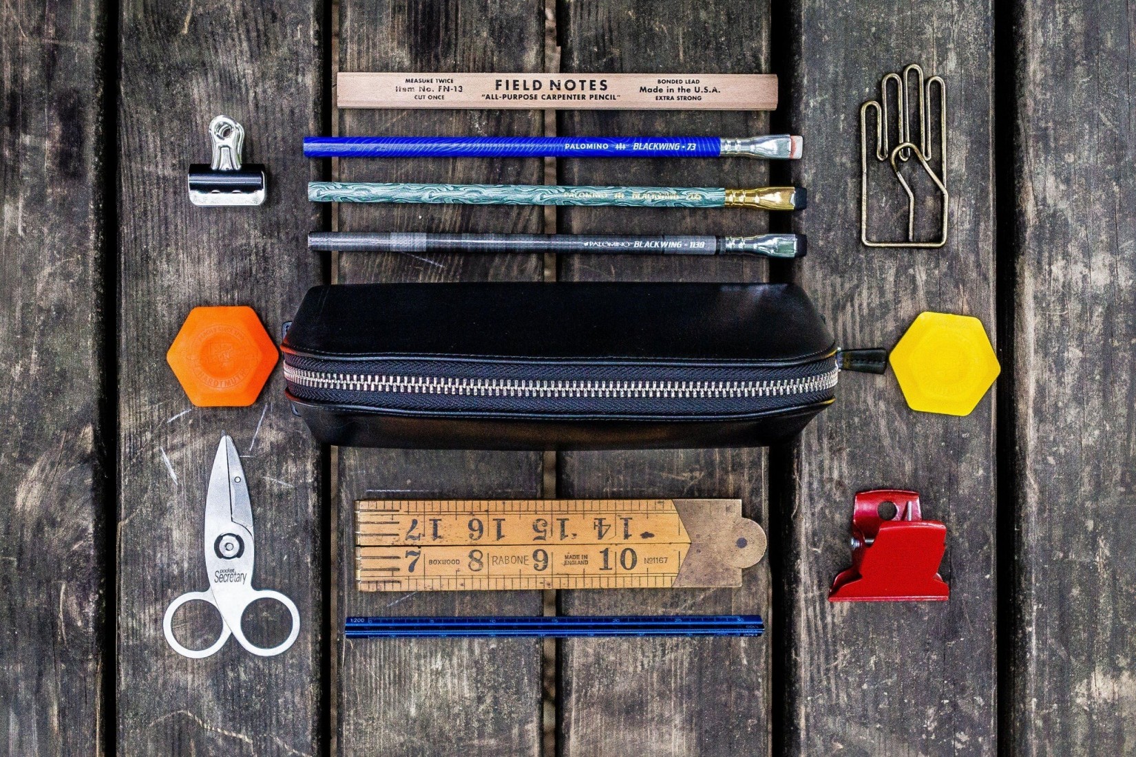 Galen XLarge Zipper Leather Pencil Case - Black