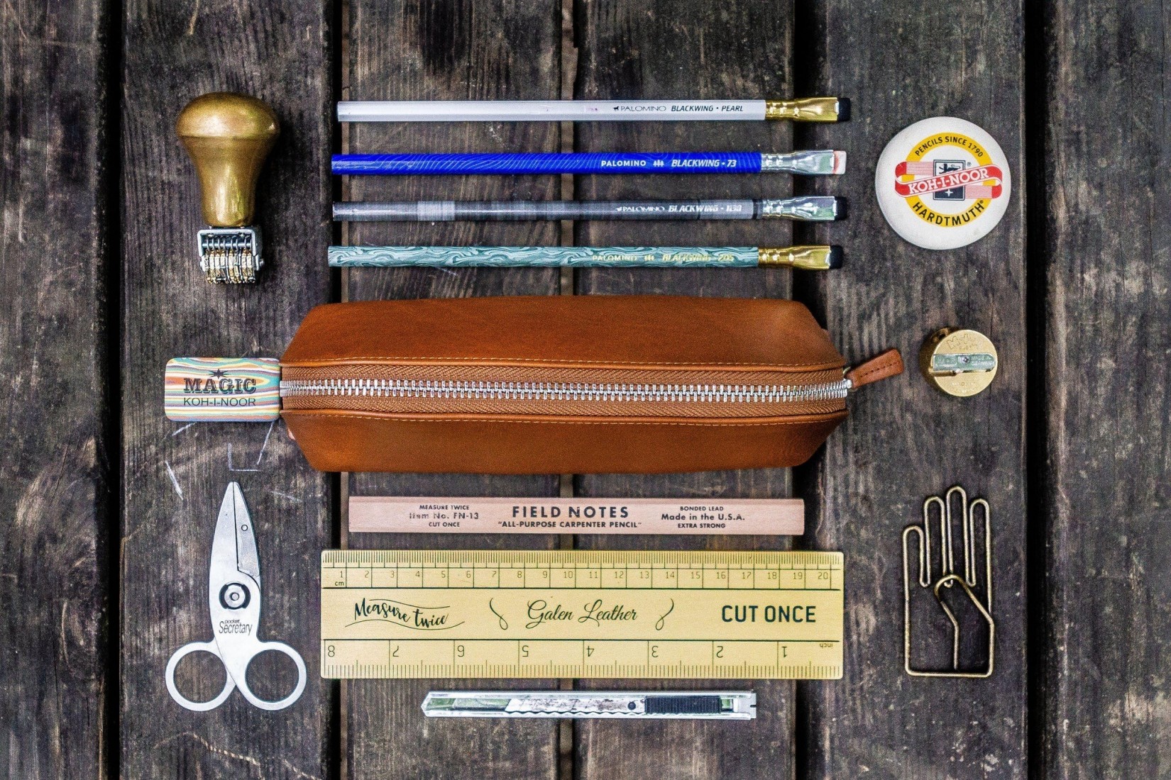 Galen XLarge Zipper Leather Pencil Case - Black