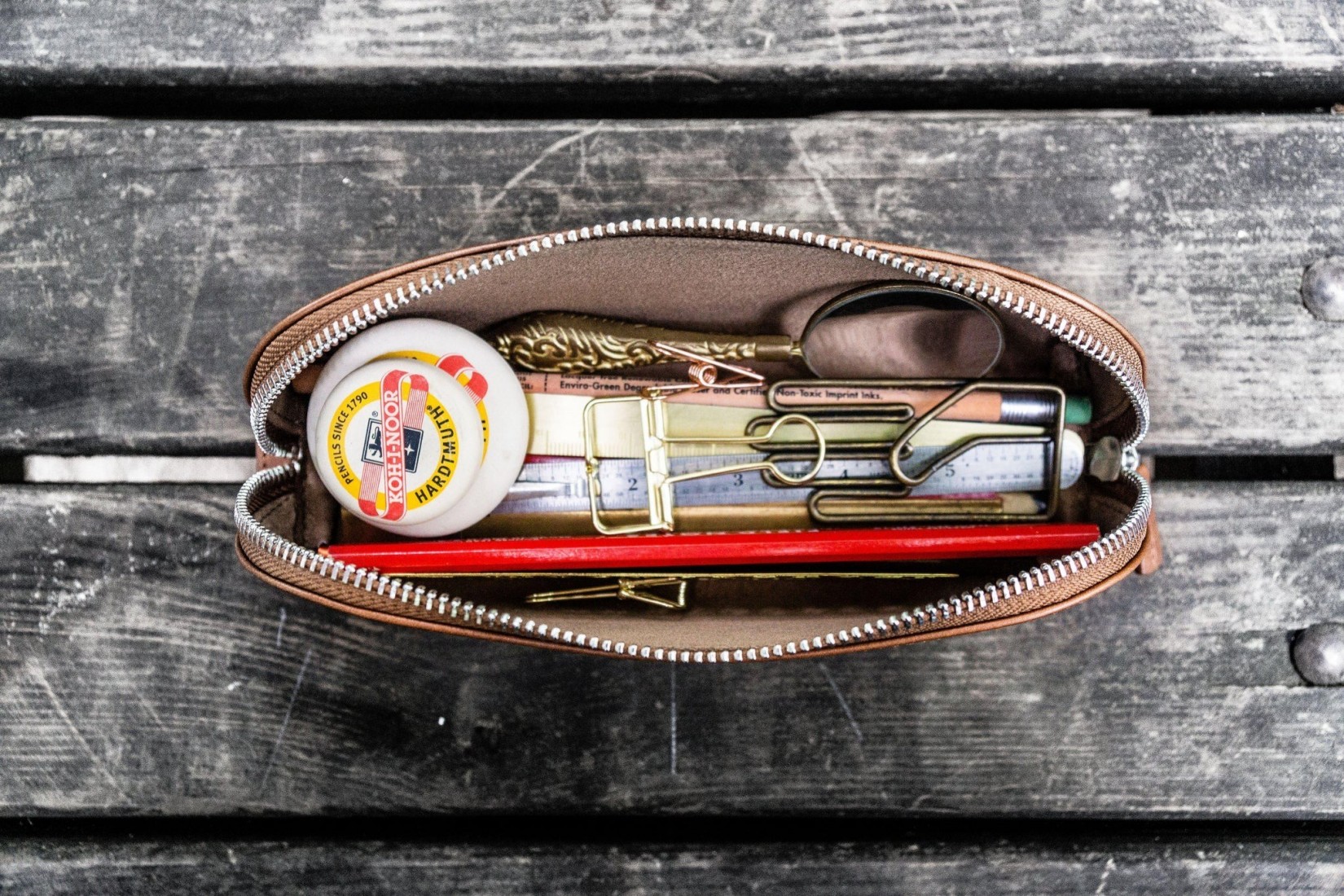 Galen XLarge Zipper Leather Pencil Case - Black