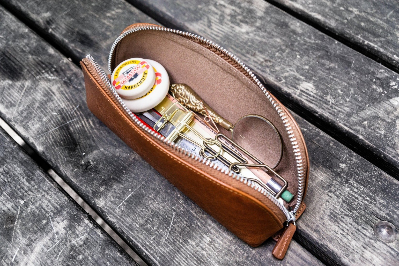 Galen XLarge Zipper Leather Pencil Case - Black