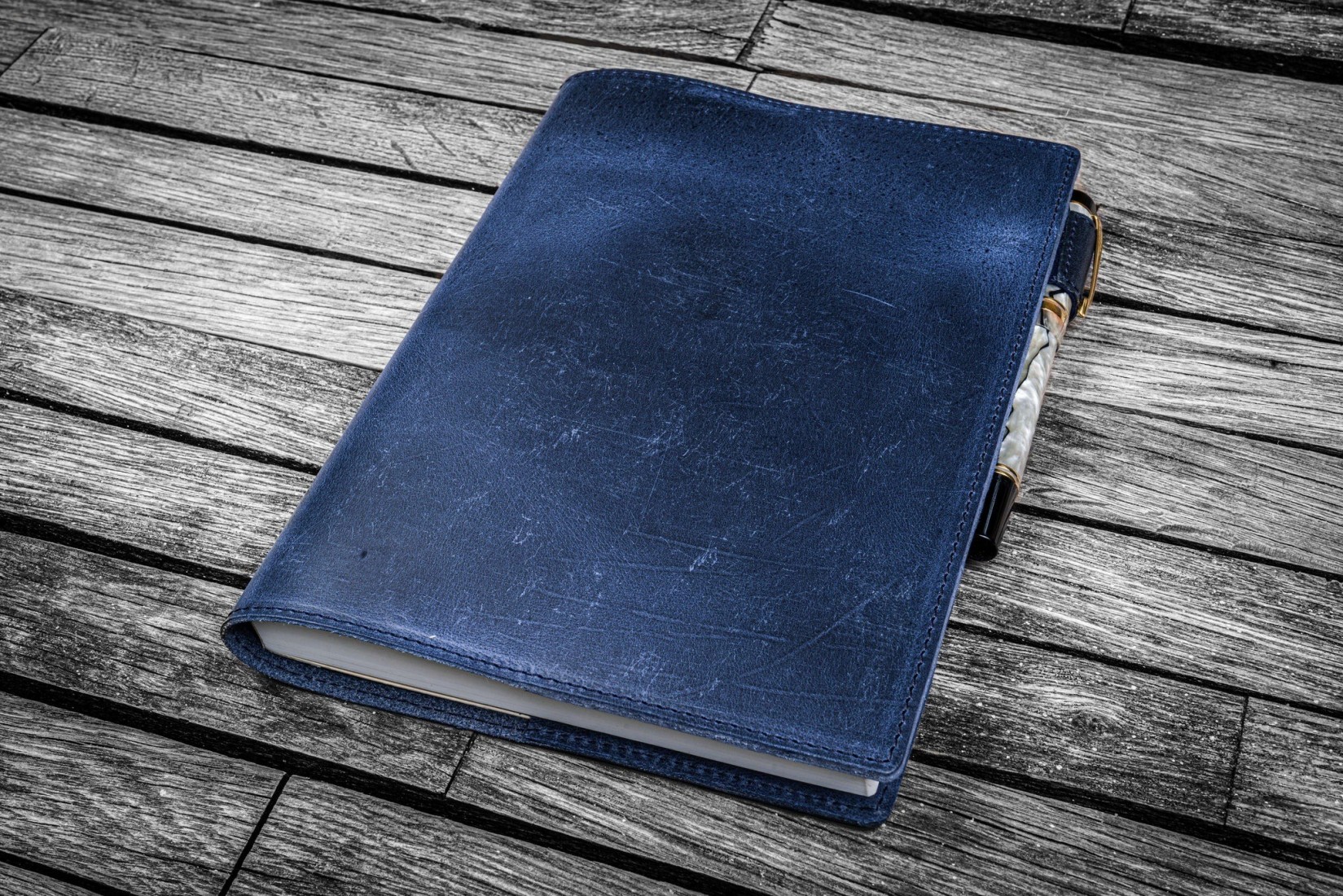 Galen Leather Slim A5 Notebook Planner Cover - Crazy Horse Navy Blue
