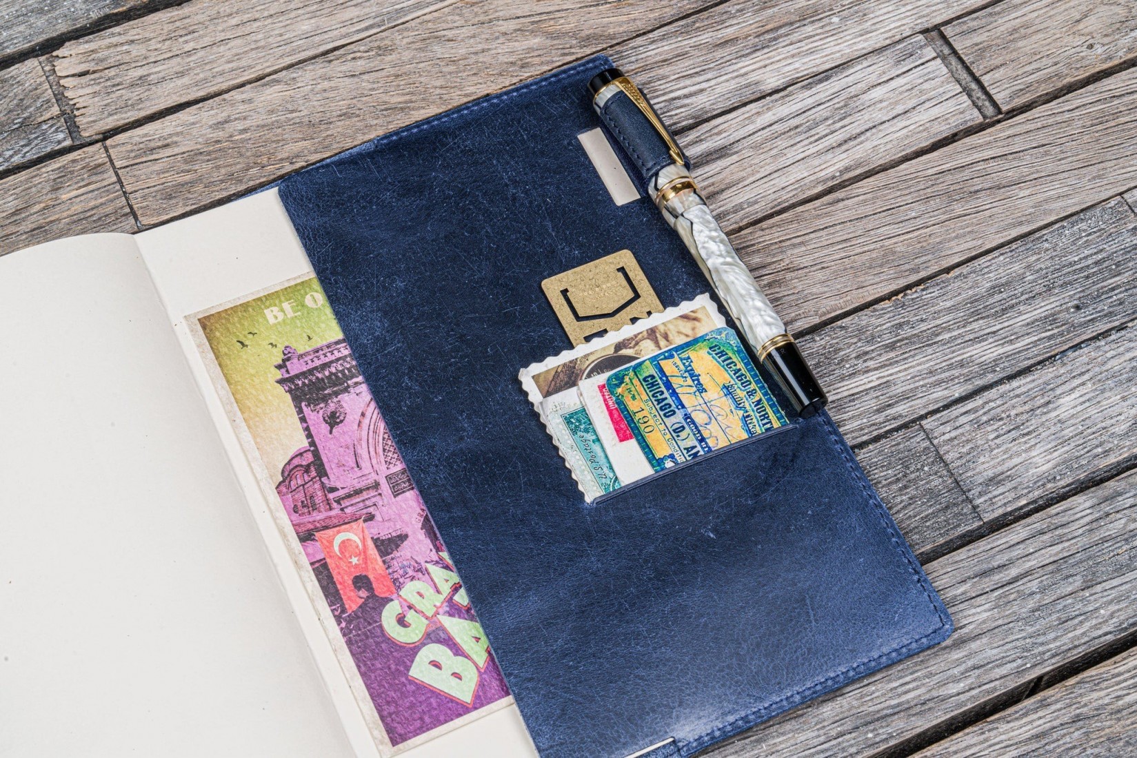 Galen Leather Slim A5 Notebook Planner Cover - Crazy Horse Navy Blue