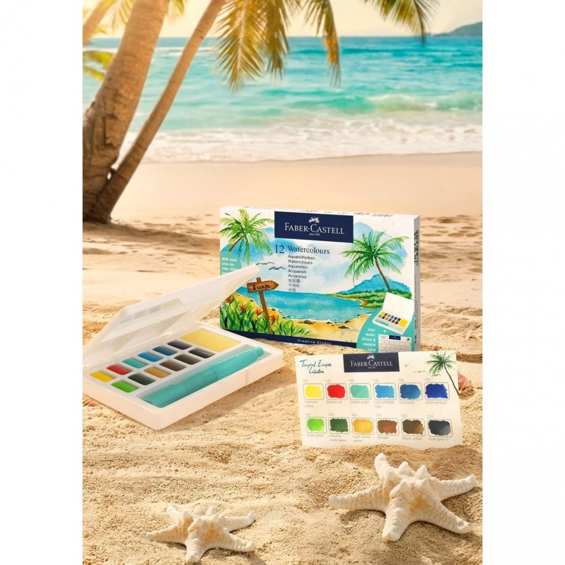 Faber Castell Tropical watercolors in blocks, 12pcs plus brush 169714