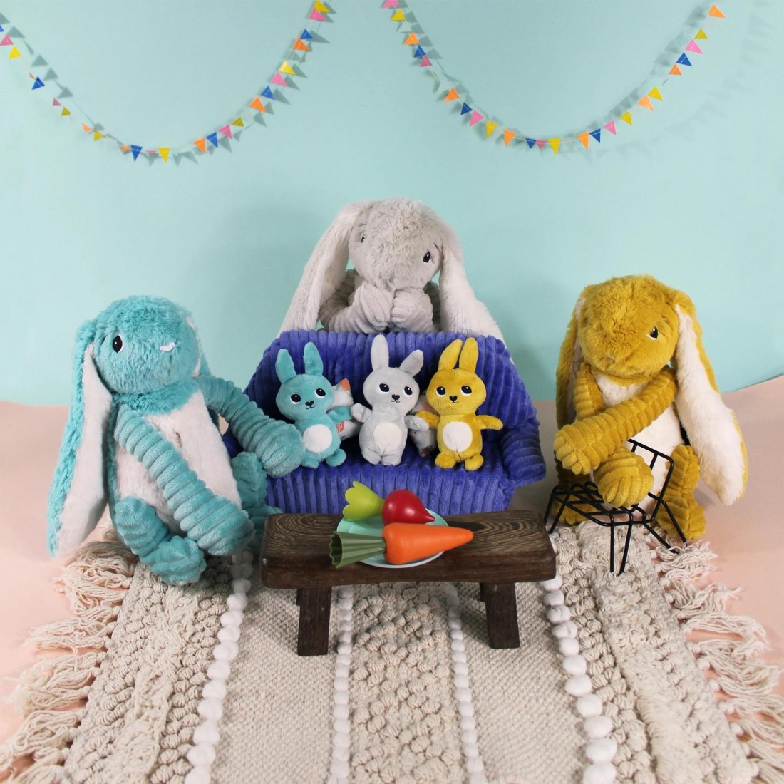 Toudou the rabbit plush toy bleu aqua mum and baby Les Ptipotos 74004 Les Deglingos