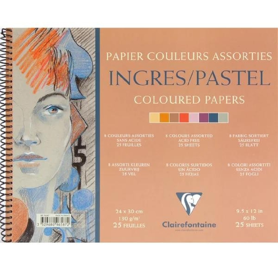 Clairefontaine Ingres Spiral Pastel Paper Pad Cotton 24x30cm 25sheets 130gsm REF 96587
