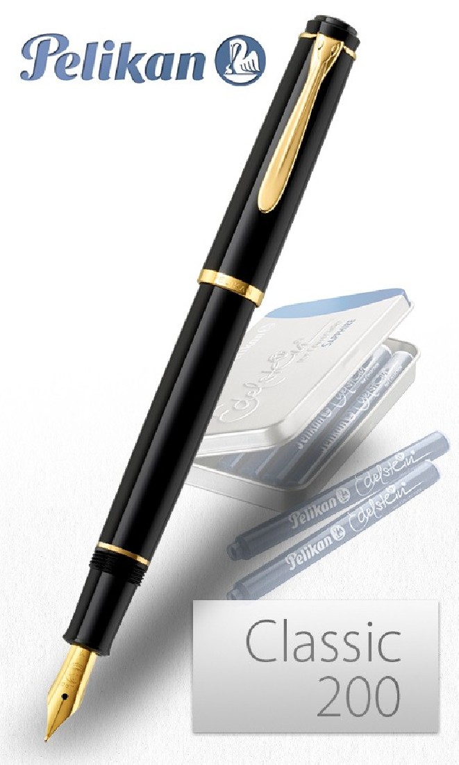 Pelikan P200 Classic Black with cartridges fountain pen (F/M/B nib)
