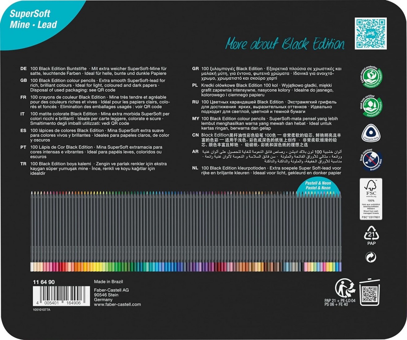 Faber Castell Black Edition 116490 Colouring Pencils, 100 Metal Case, Shatterproof, for Children and Adults.