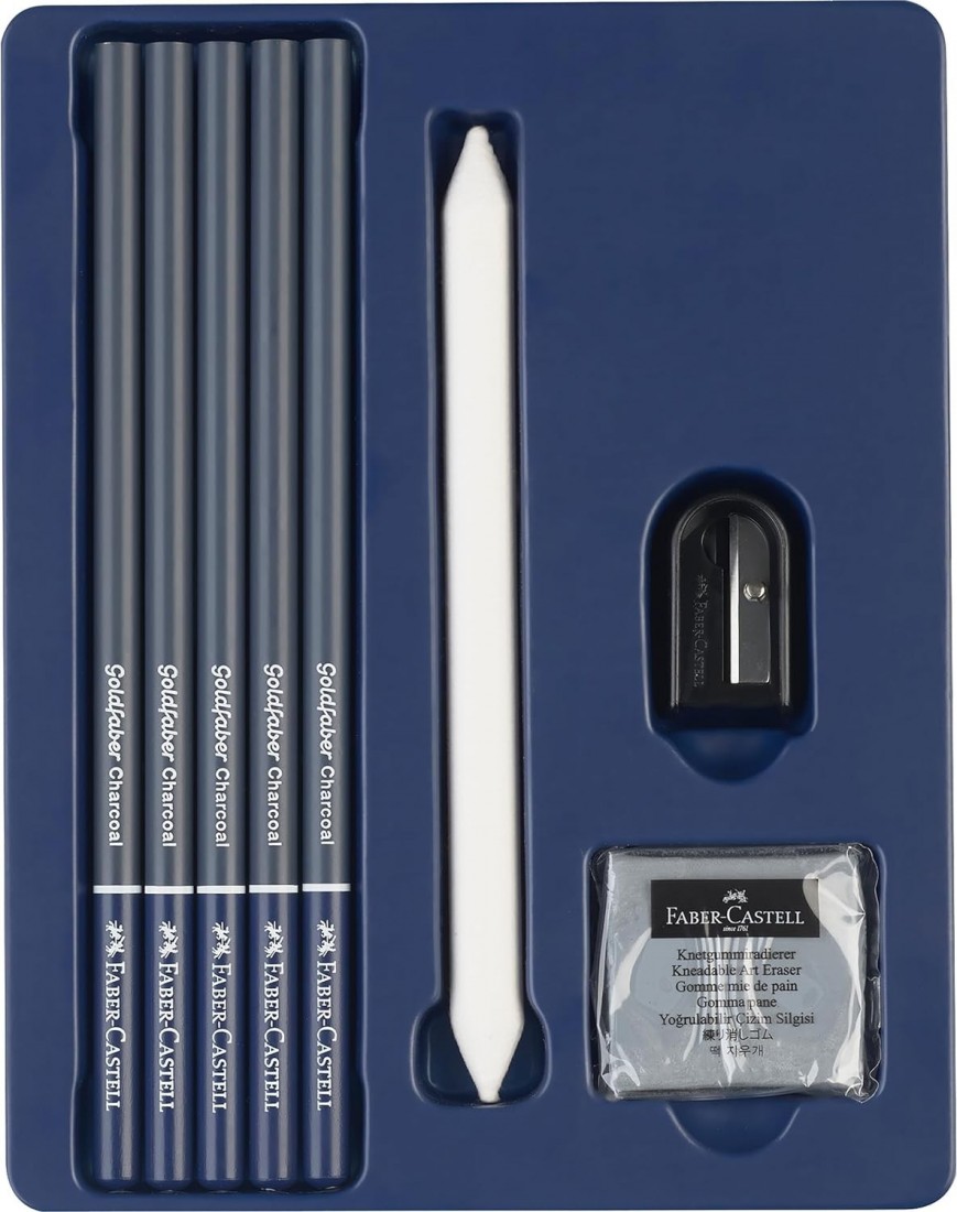 Faber Castell Goldfaber Charcoal 114006 Drawing Set 8 Pieces Charcoal Pencils, Sharpener, Paper Wiper and Eraser