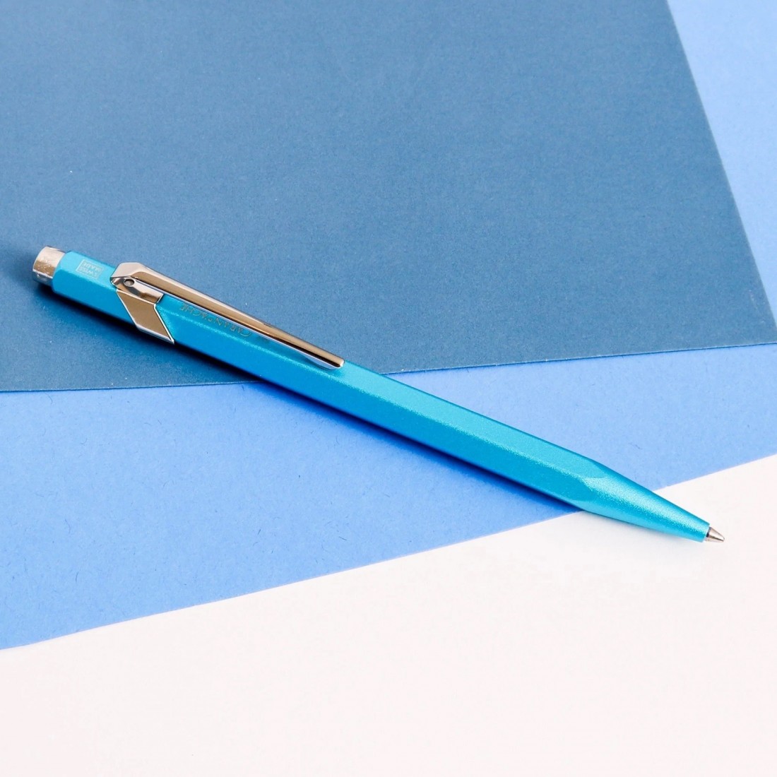 Caran Dache 849 metallic turquoise ballpoint pen, with slim metal box C