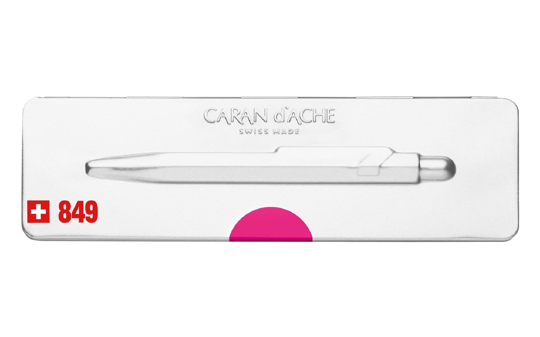 Caran Dache 849 Popline  fluo pink ballpoint pen, with slim metal box 0849.590 C