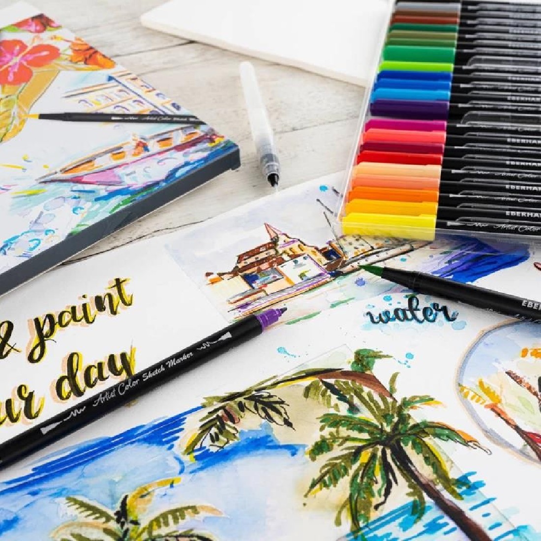 Eberhard Faber 558224 - Artist Color Sketch Marker Set with 24 Colours, Fibre-Tip Pens with Double Tip, in Cardboard Case, for Drawing, Sketching and Illustrating