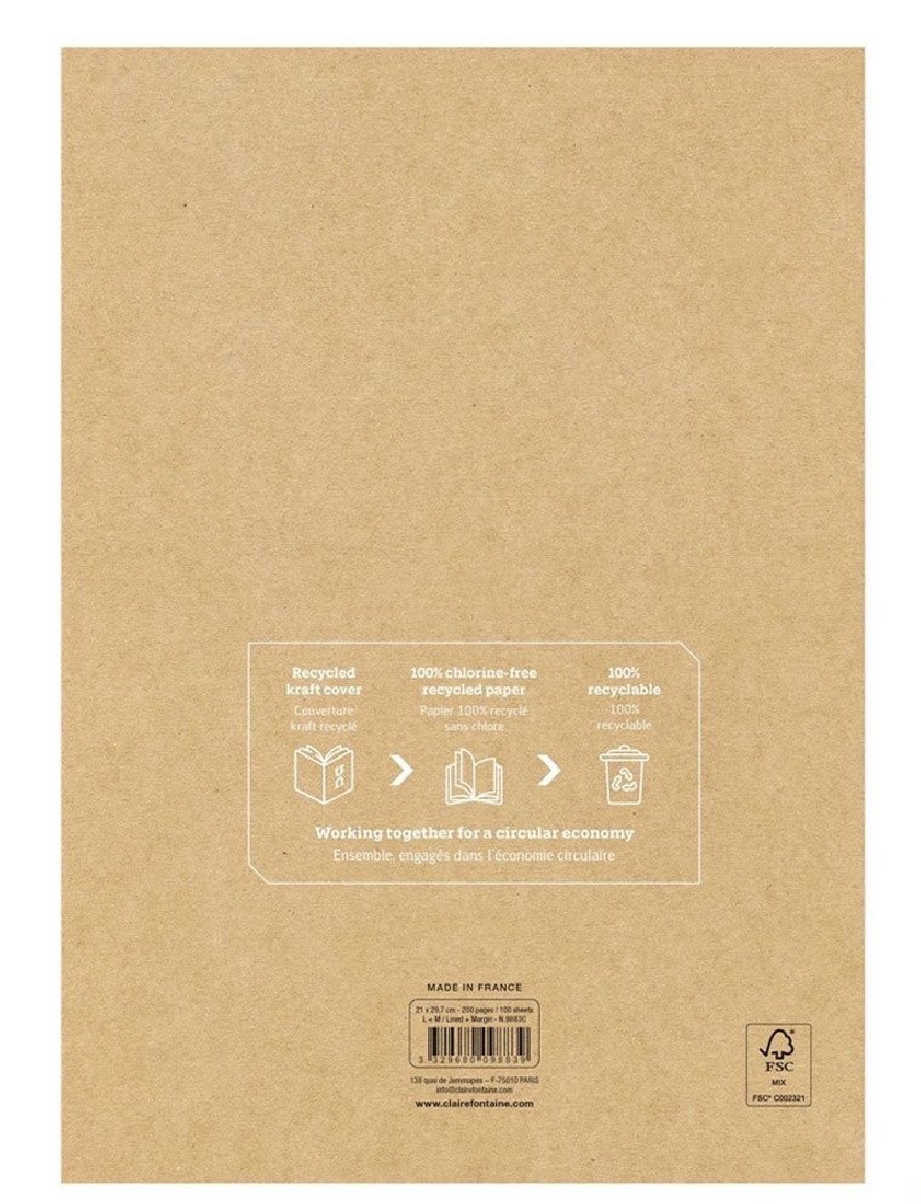 Clairefontaine Rhodia 9883C,Uninotes stapled pad 21x31.8cm, 200 pages, 4 hole punched, lined with margin, white lined paper 90gsm