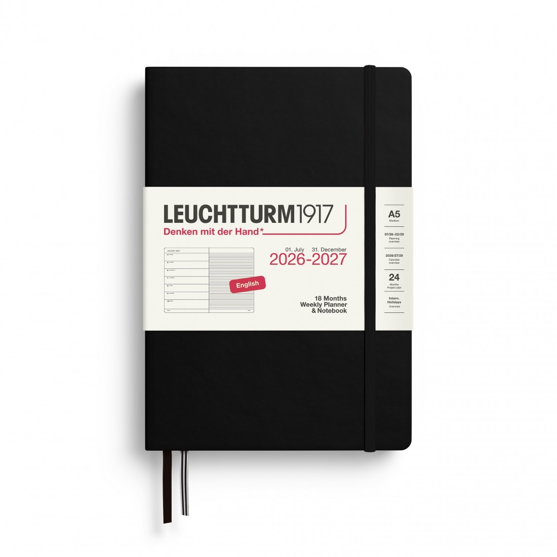 18M Weekly Planner and Notebook 2026-2027, A5, softcover, Black, Leuchtturm 1917