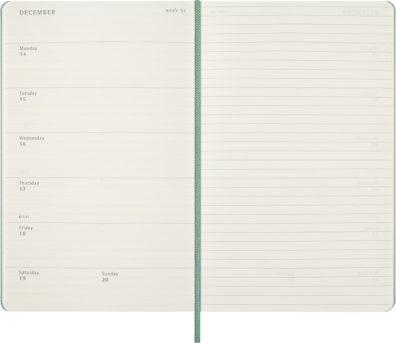 Moleskine weekly diary 2026-2027, 18 months, hard cover, large 13x21 sage green