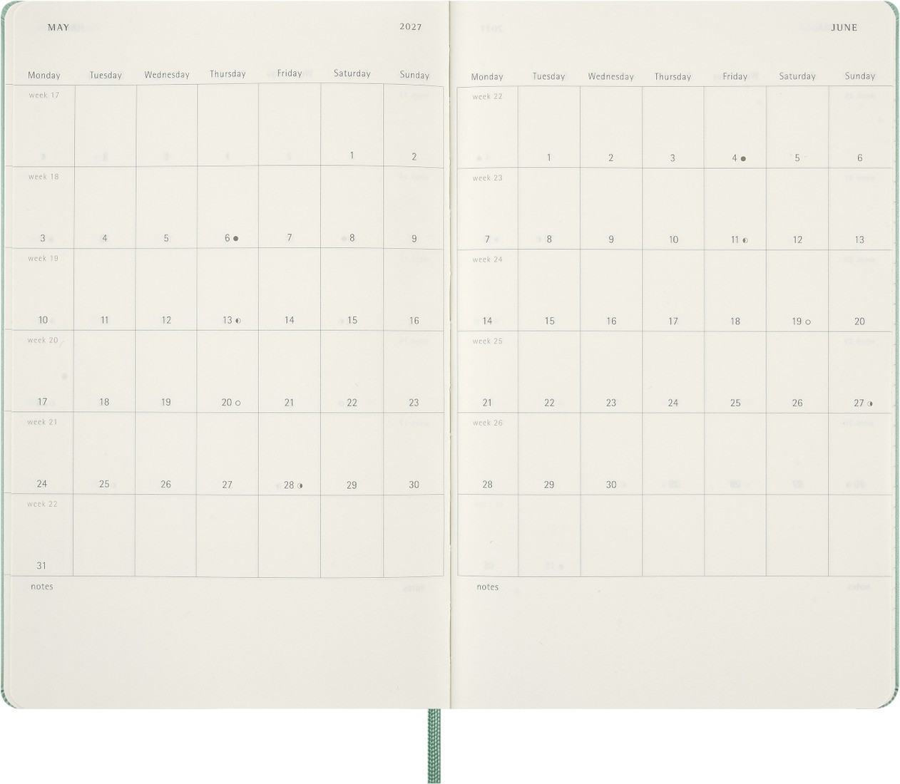 Moleskine weekly diary 2026-2027, 18 months, hard cover, large 13x21 sage green