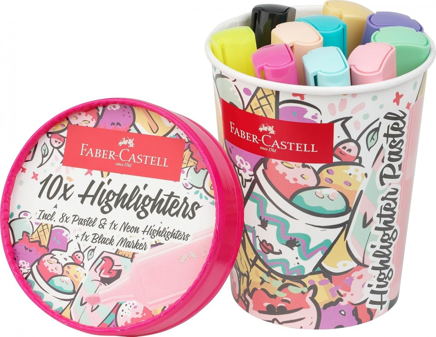 Faber Castell Highlighter Set Ice Cream Cup, 10 Marker Pens in Neon and Pastel Colours 254696