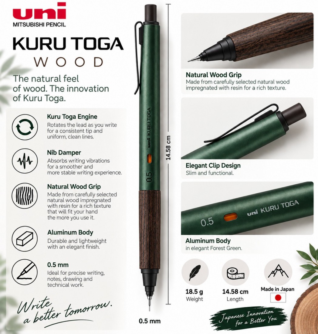 Uni Mitsubishi Kurutoga metal wood, forest green 0,5mm mechanical pencil M5KW1P.88