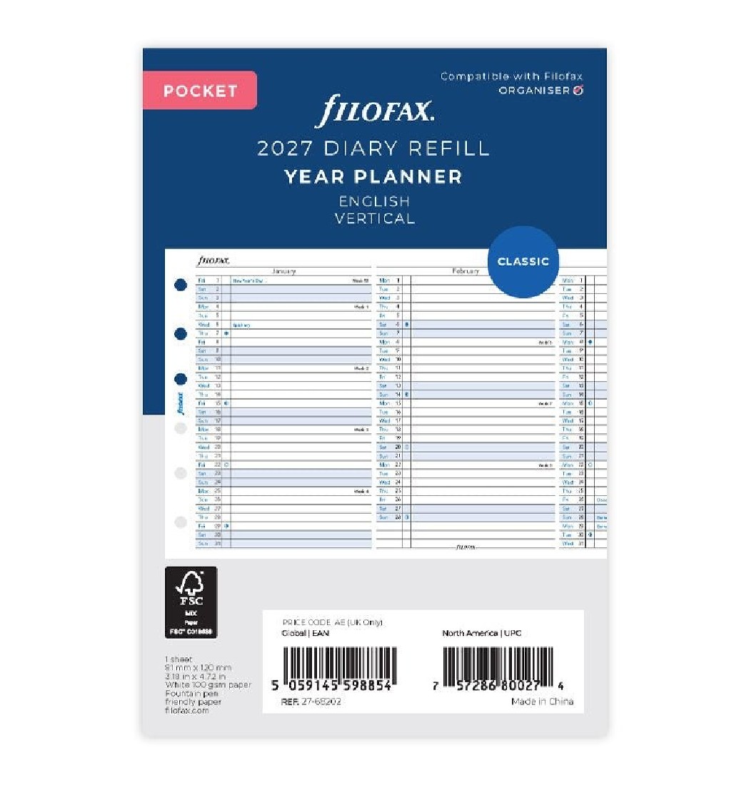 Refill Pocket 2027 Year Planner Vertical 27-68202 Filofax