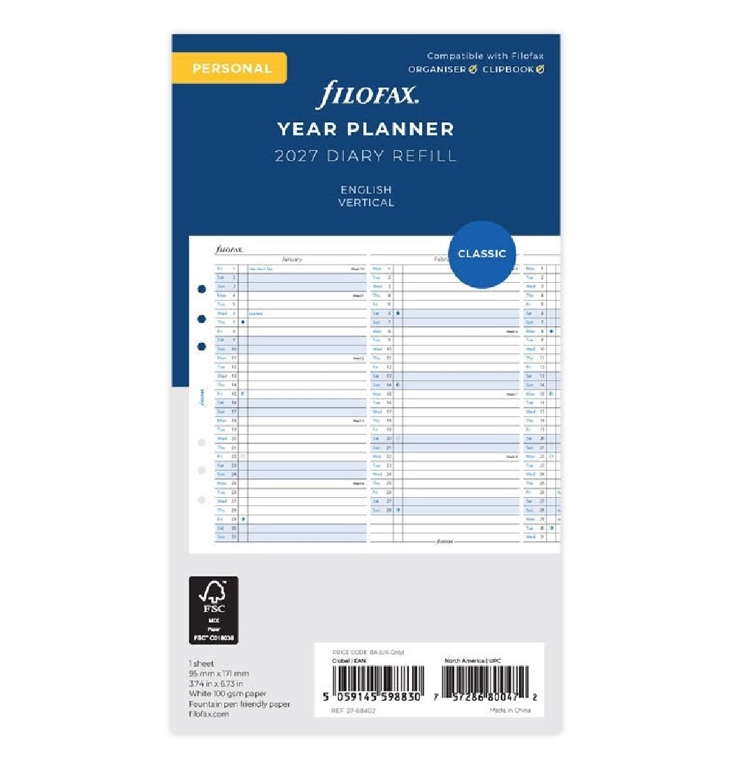Refill Personal 2027 Year Planner Vertical 27-68402 Filofaχ